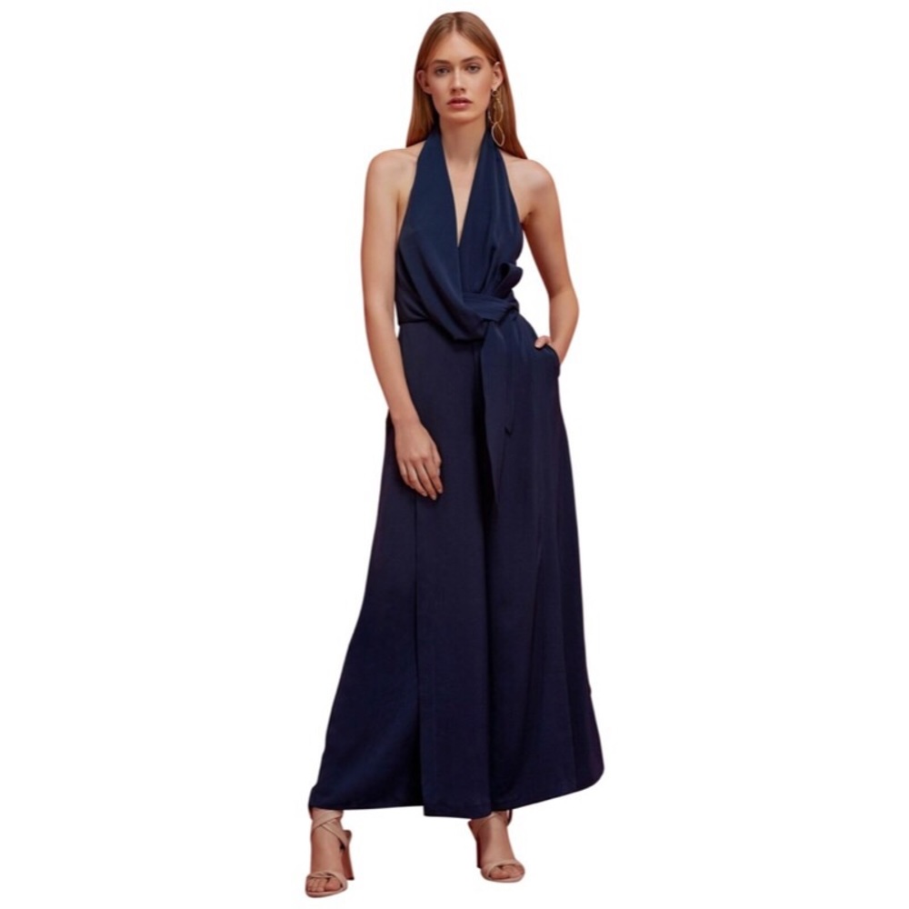 Keepsake the label blue halter, cowl neck jumpsuit